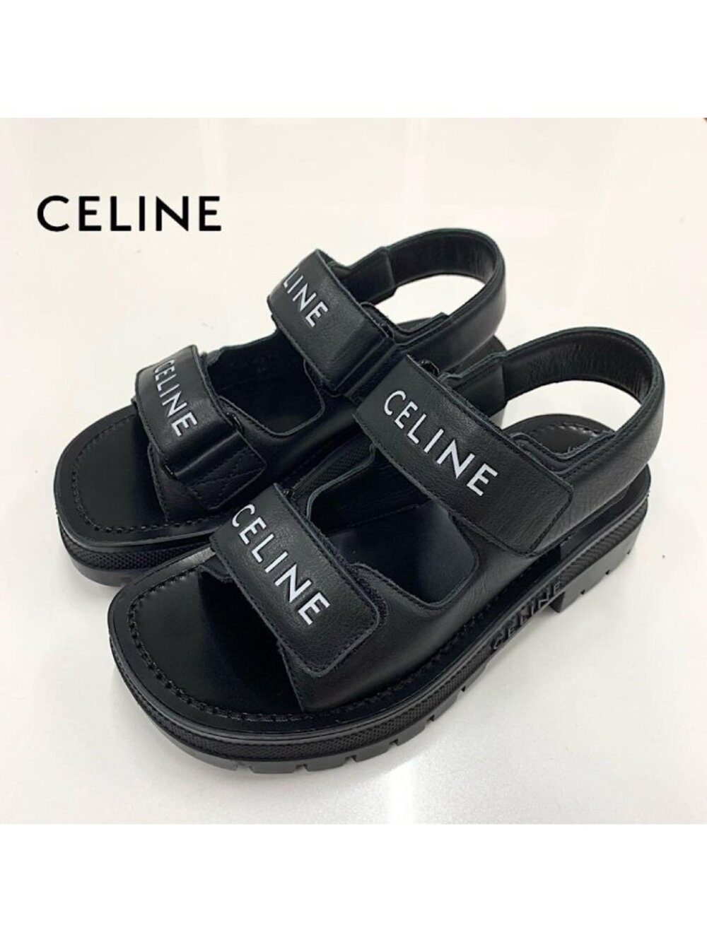 Celine Leo Leather Logo Velcro Sandals Black